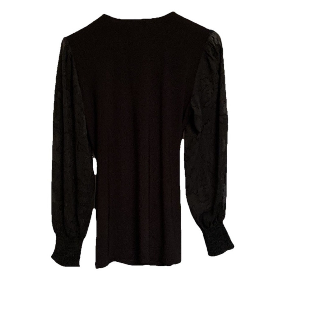 Anne Klein Women's Faux-Wrap Tie Blouse Top Sheer Sleeve Blouse Black - Size S - Picture 2 of 5